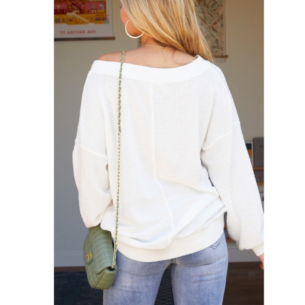 Oversize V Neck Thermal Long Sleeve Knit Top - Picture 5 of 6